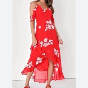 Lulu's Love in Bloom Red Floral Chiffon Off the Shoulder High Low Dress